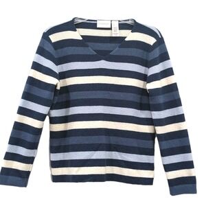 Liz Claiborne Lamb's Wool‎ Blend Sweater  Large Blue Ivory Stripe V-Neck Preppy